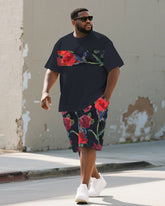 Men's Plus Size Street Dark Blue Patchwork Graffiti Floral Print Round Neck Short Sleeve T-Shirt Shorts Suit
